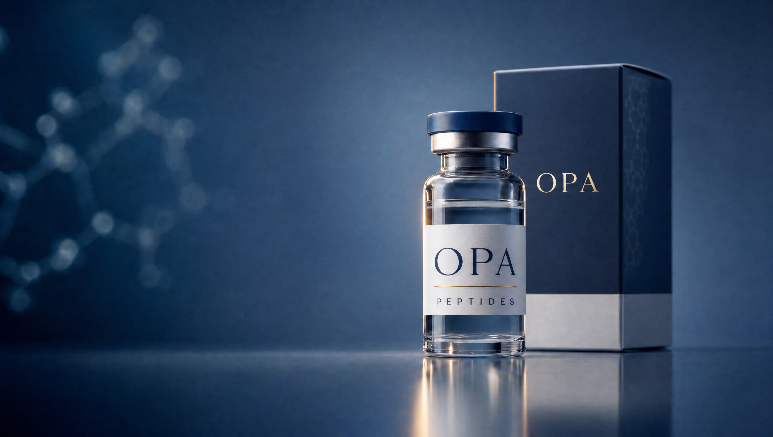 BPC-157 research vial photographed against a dark clinical backdrop